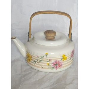 Vintage Early Springs Flower‎ Tea Pot 1985 "Coral" Wood Handle